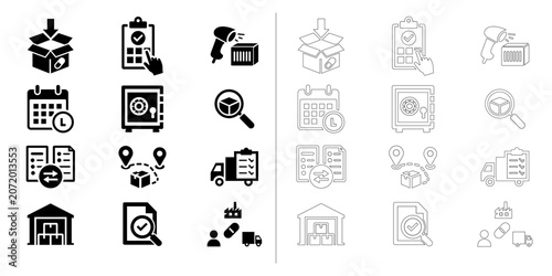 Pharmacy Logistics and Supply Chain Management Icon Set - Solid and Outline Vector Icons