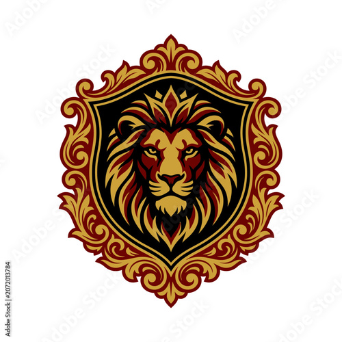 Regal lion head in ornate golden shield crest.