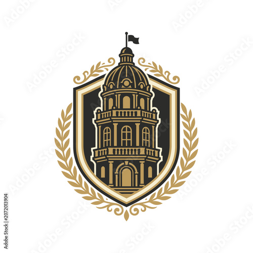 Architectural shield logo with tower and laurel wreath.