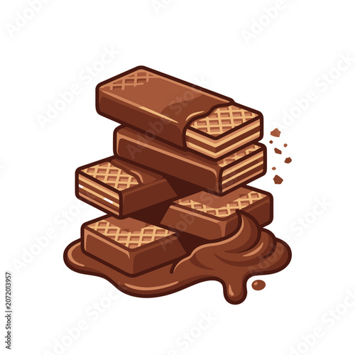 Chocolate wafer biscuits stacked on melted chocolate sauce.