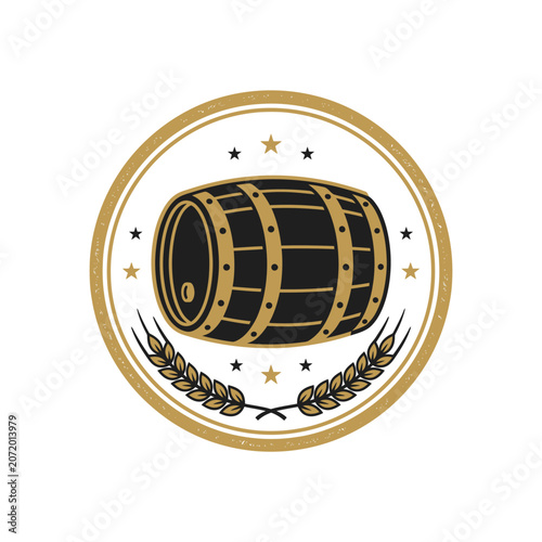 Barrel emblem with wheat stalks and gold stars.