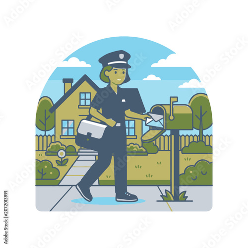 Mail carrier delivering letters to suburban mailbox.