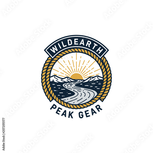 Wildearth peak gear mountain river round badge with banner.