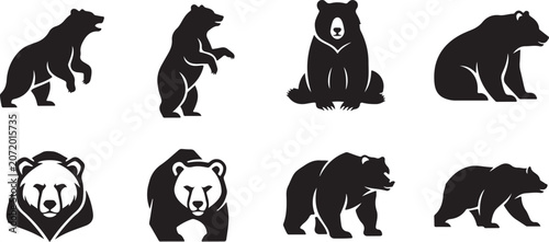 Canvas Print Bear silhouettes, black bear icons, grizzly bear graphics, 8 animal symbols
