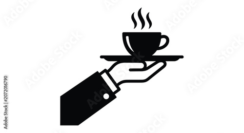 Tableau sur toile Hand holding cup and saucer silhouette on a white background