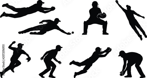 Vászonkép WebDynamic baseball fielder silhouettes showing diving catching and throwing act