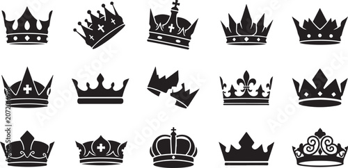 Foto Black crowns, royal crowns, king crowns, vector icons, 16 crests