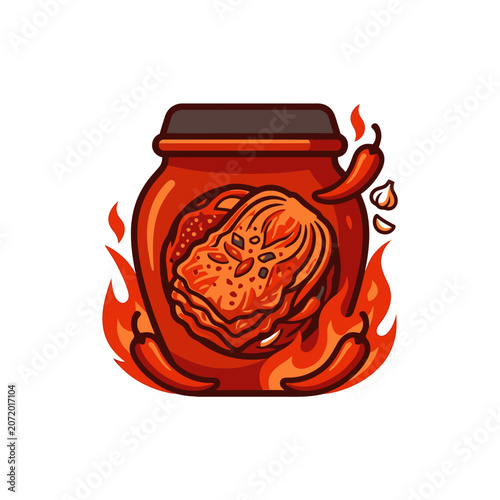Spicy kimchi jar with fire and chili pepper illustration.