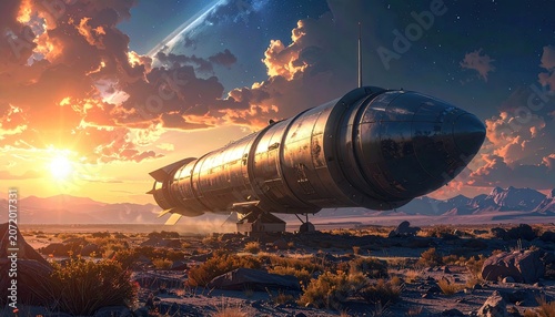 Large Capsule Rocket in Desert Landscape at Sunset
