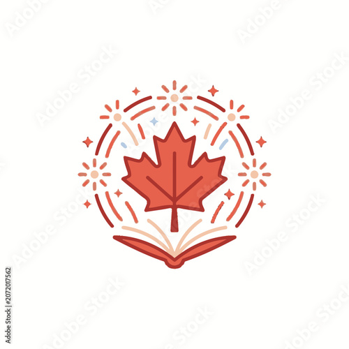 Red maple leaf over book with festive firework display.