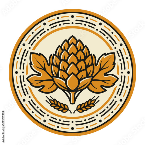 Circular hop cone emblem with grain accents.