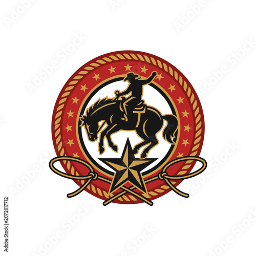 Cowboy on horse emblem with rope frame and star.