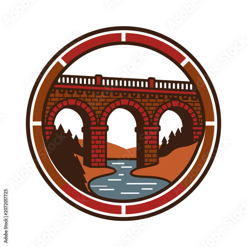Stone bridge over river inside circular red frame.