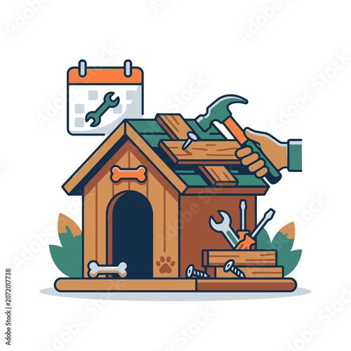 Building wooden dog house with hand tools and calendar.