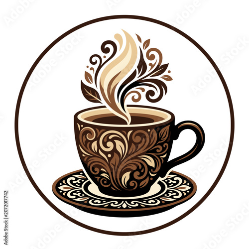 Stylized decorative coffee cup logo within circle frame