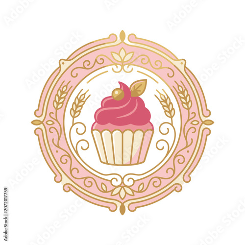 Sweet cupcake logo with pink ornate floral border