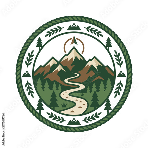 Mountain landscape emblem with river and forest trees.