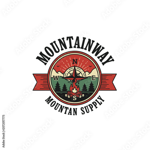 Mountainway supply emblem with campfire and red banner.