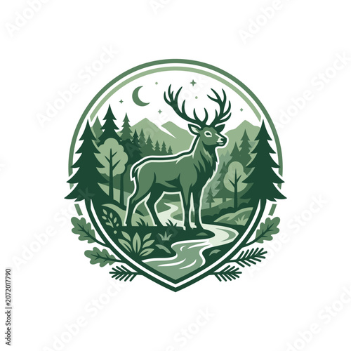Majestic deer stag in mountain forest circular badge.