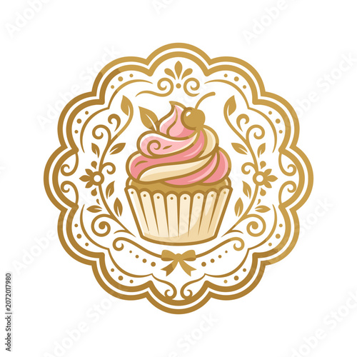 Ornate gold frame encircling a pink frosted cupcake.