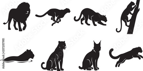 Canvas Print Silhouette collection of wild cats and primate showing diverse animal poses incl