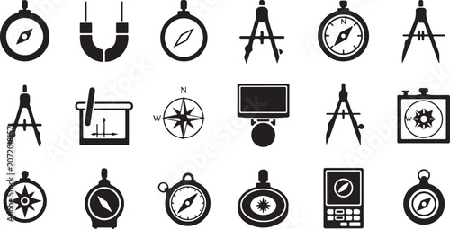 Schilderij op canvas Navigation, compass, clock icons set, 16 black vector graphics