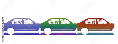 Three colorful sedan cars with families driving on road