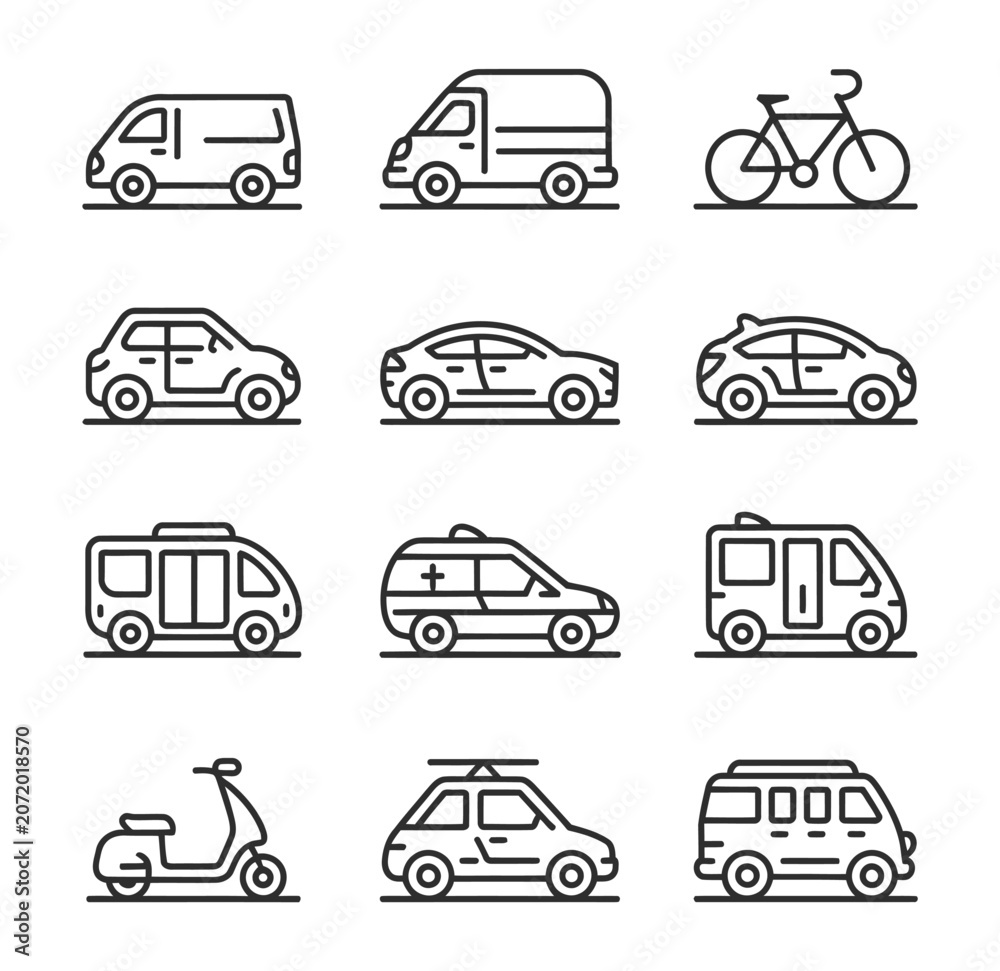 Obraz premium Vehicle transport line icon set car van bike scooter auto