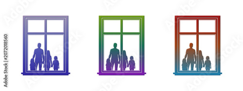 Family silhouettes standing in colorful window frames