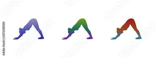 Colorful yoga silhouettes in downward dog pose