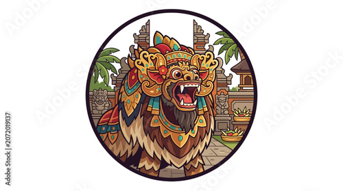Balinese Barong lion head emblem in circular frame.