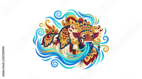 Balinese Barong spirit leaping through blue ocean waves