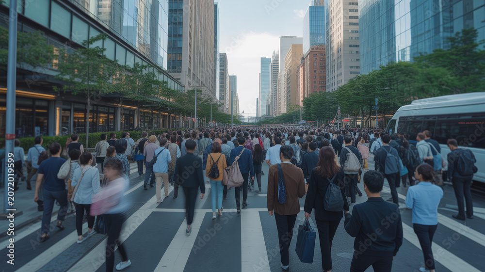 Obraz premium Large crowd of people walking down a busy city street between tall skyscrapers in a modern urban business district during the daytime