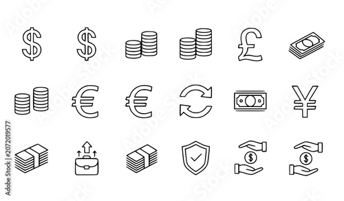 Bild auf Leinwand Black and white money currency icon set with currency exchange symbols isolated