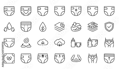 Photos Black and white baby diaper icon set with breathable cotton and baby pants symbo