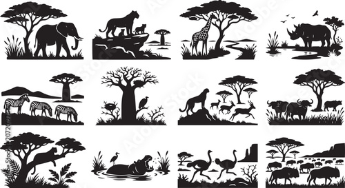 Photography African Safari Wildlife and Savannah Landscape Silhouette Vector Set