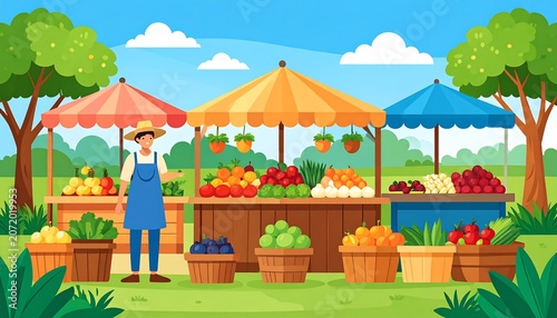 Colorful outdoor market with fruit stands and picnic tables.