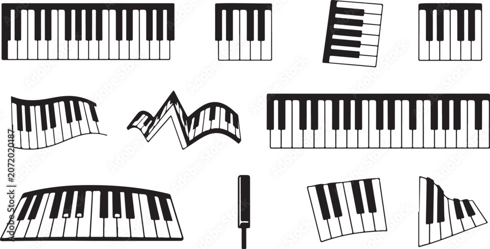 Obraz premium Piano keyboard icons, musical instrument graphics, black and white illustrations, vector set