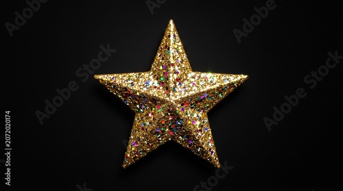 golden star ornament on black background with festive holiday decoration and sparkle