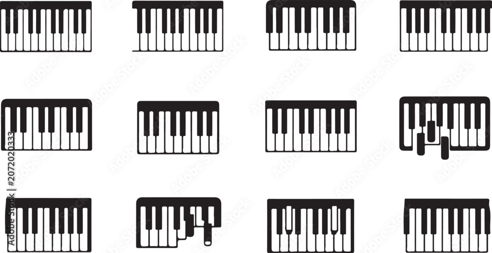 Obraz premium Piano keyboard icons, music symbols, vector graphics, black and white illustrations