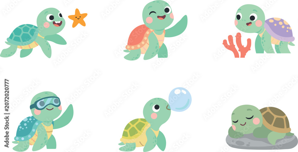 Naklejka premium Set of cute cartoon sea turtle characters under the ocean isolated on white background vector
