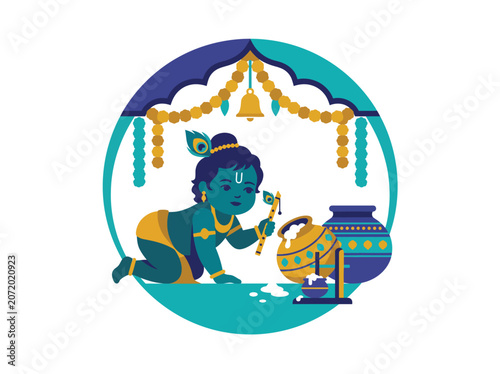 Flat vector design of baby Krishna crawling with butter pots for Janmashtami festival celebration in traditional Indian culture
