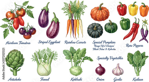 Принти на полотні Fresh Specialty Vegetables Vector Illustration Set Featuring Heirloom Tomatoes,