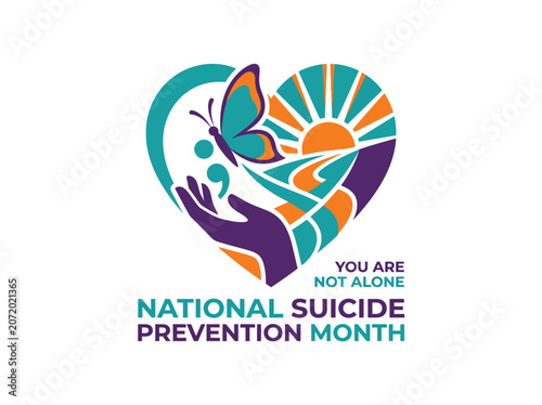 National Suicide Prevention Month awareness concept with heart butterfly semicolon and hand symbolising mental health support