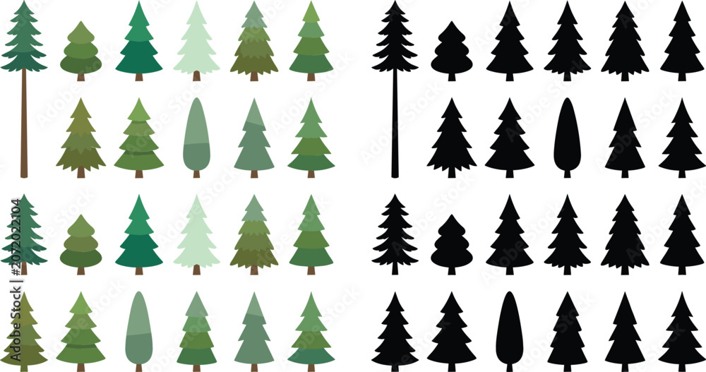 Obraz premium Christmas Tree Icons Set with Colorful Silhouettes on White Background for Holiday Design and Decorations