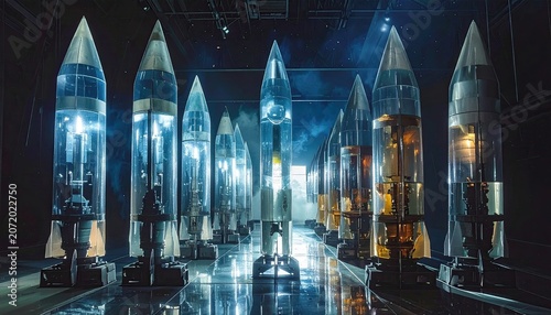Futuristic Rocket Models Displayed in Dimly Lit Museum Hall