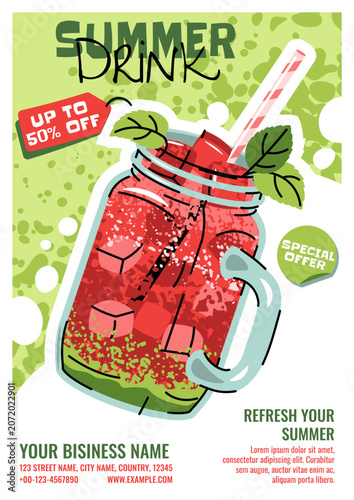 Summer Drink Sale Layout With Red Smoothie In A Glass Mug, Straw And Discount Tag. Modern Doodle Design. Flat Illustration For Print Poster, Flyer And Advertisement For Cafe, Beach Bar And Juice Bar