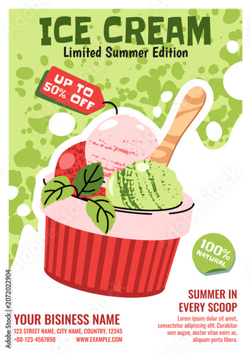 Summer Poster With Watermelon Ice Cream In A Cup In Doodle Style. Flat Vector Illustration For Print Poster, Flyer And Advertisement For Cafe, Beach Bar And Ice Cream Shop