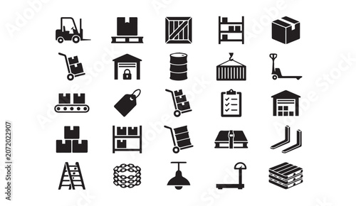 Logistics and warehousing management icon set with logistics, warehousing