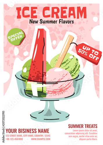 Summer Sale Layout With Ice Cream Scoops, Watermelon Slice In A Glass Cup And Discount Tag. Doodle Design. Flat Illustration For Print Poster, Flyer For Cafe, Beach Bar And Ice Cream Shop